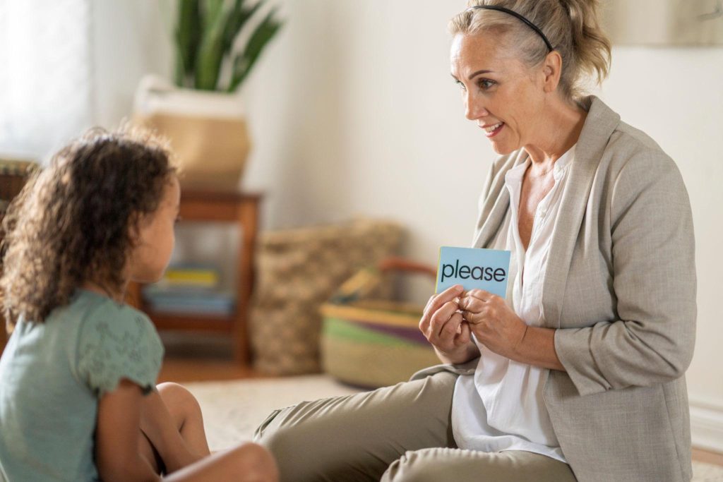 therapist with flash card